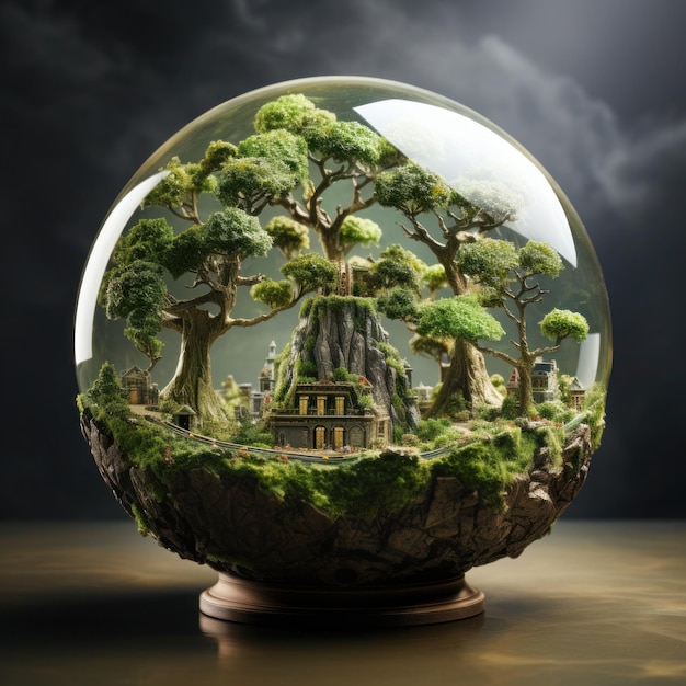 a glass globe with a house inside of it