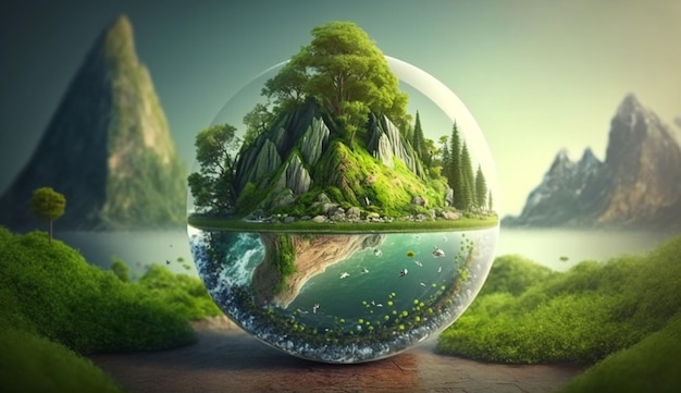 A glass globe with a landscape inside