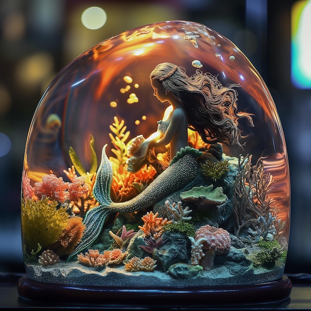 a glass globe with a mermaid and corals in it