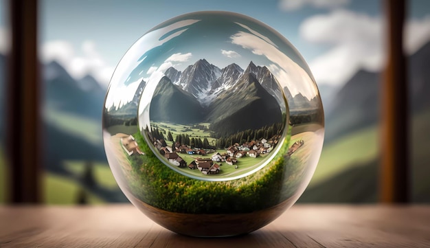 A glass globe with a mountain scene inside.