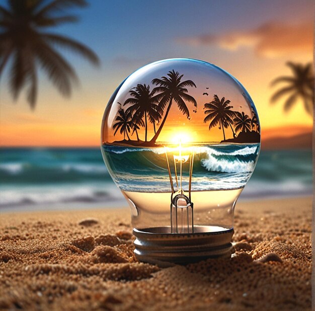 a glass globe with palm trees on it and a beach scene with the sun setting behind it