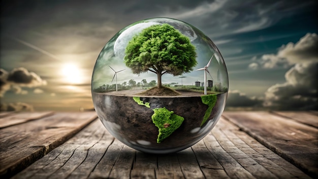 a glass globe with a tree inside it and a world in the middle