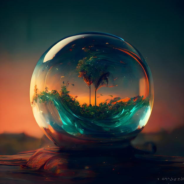 Glass globe with tree inside and sunset in the background Conceptual image