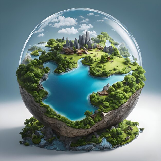 a glass globe with a world in it and a picture of a lake in it