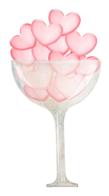 Glass goblet with hearts watercolor illustration