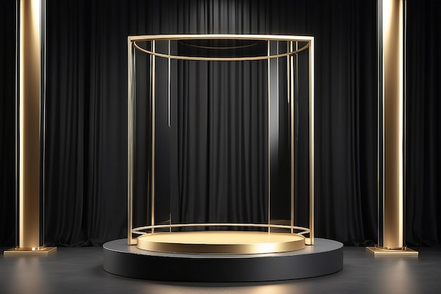 Glass and gold podium with black opening curtain Stand to show products Stage showcase with modern scene for presentation Pedestal display