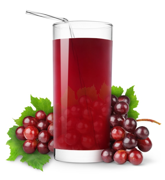 Glass of grape juice and bunch of fresh red grapes isolated on white surface