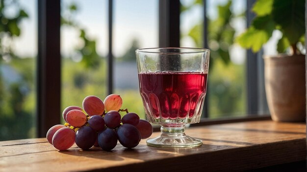 A glass of grape juice placed on a windowsill with nat