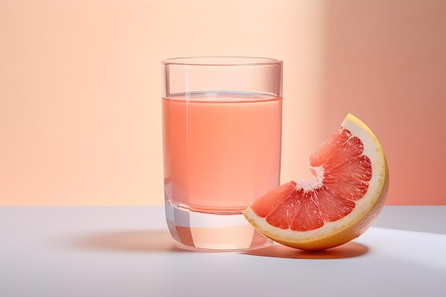 A glass of grapefruit juice next to a half of a grapefruit.