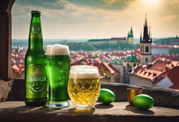 A glass of green beer against the backdrop of a panorama of Prague Easter