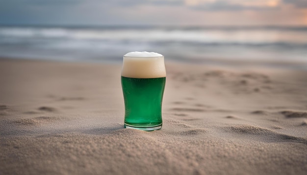 a glass of green beer sits on the sand of a beach