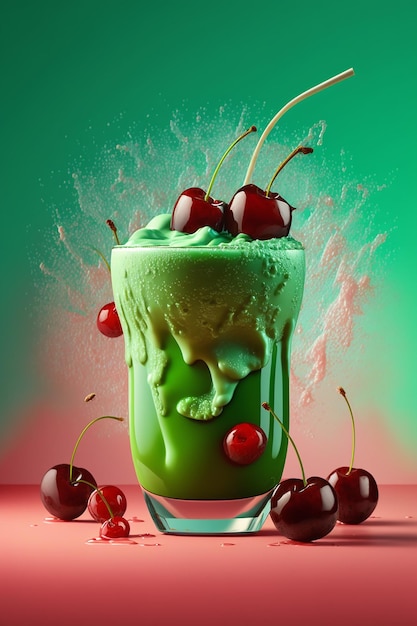 A glass of green cherry smoothie with a green liquid and a cherry on the top.