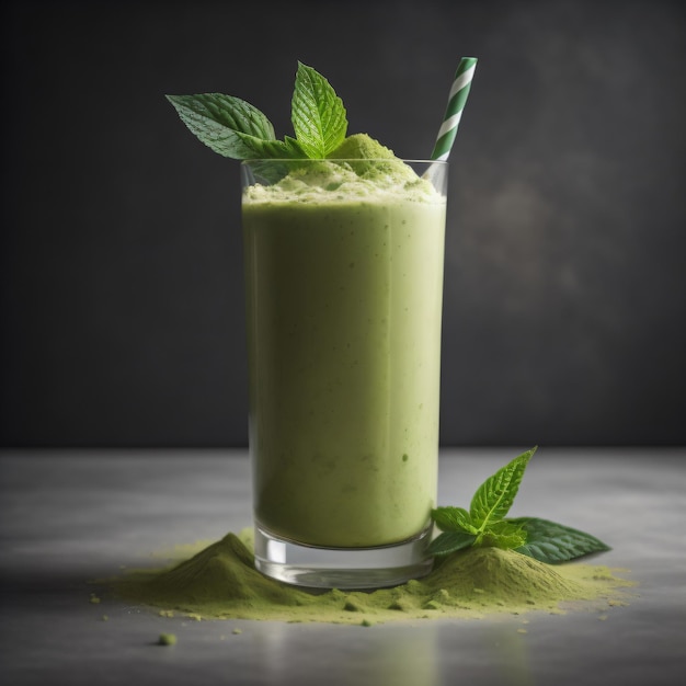 A glass of green drink with a straw and a straw.