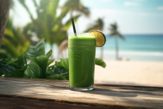 A glass of green juice on a beach with a palm tree in the background