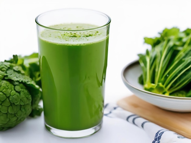 A glass of green juice is filled with green liquid