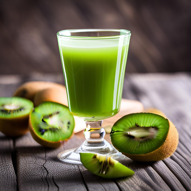 a glass of green liquid next to a kiwi fruit