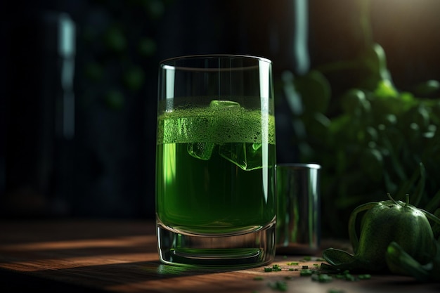 A glass of green liquid with a green liquid in it.