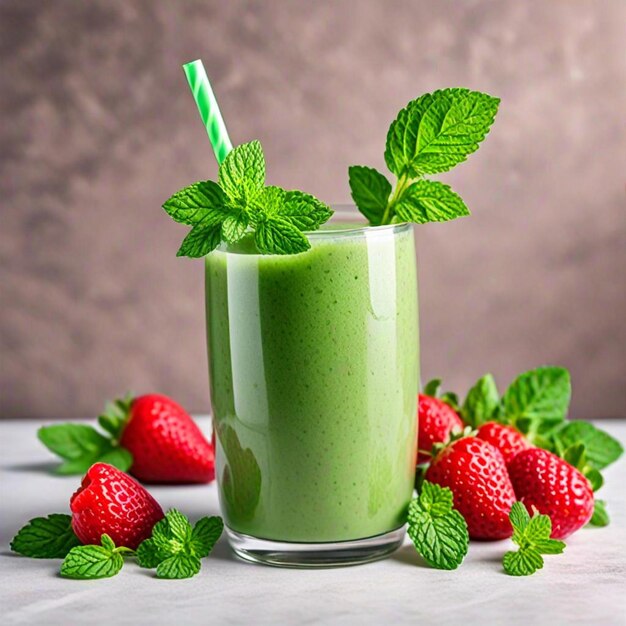 a glass of green liquid with strawberries and strawberries on a table