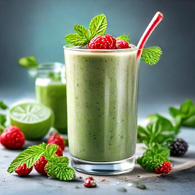 a glass of green smoothie next to a strawberries and a straw