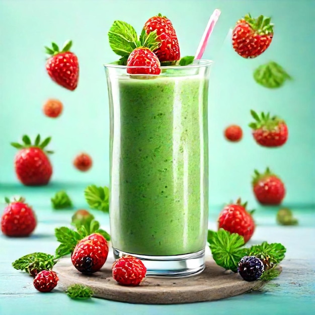 a glass of green smoothie next to strawberries and strawberries