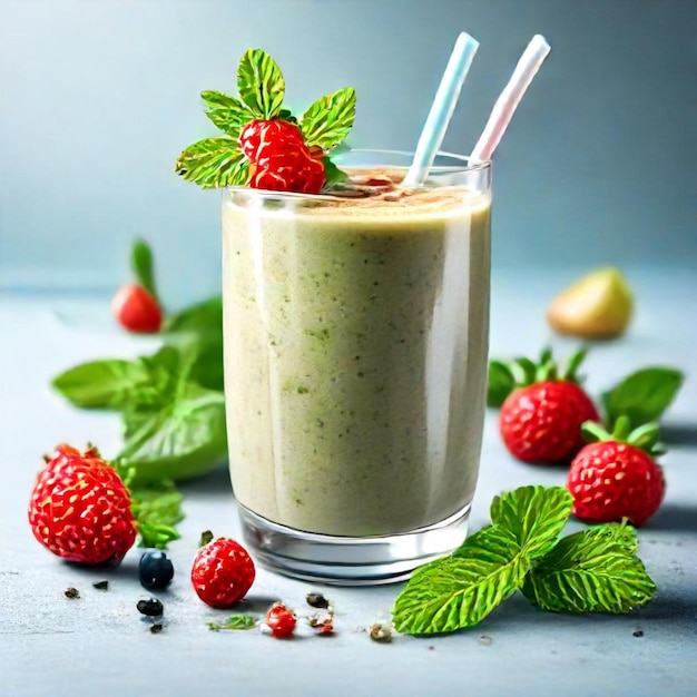 a glass of green smoothie next to a strawberries and strawberries