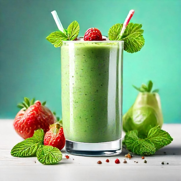 a glass of green smoothie next to strawberries and strawberries