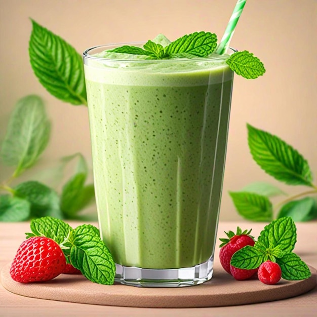 a glass of green smoothie next to a strawberry and strawberries