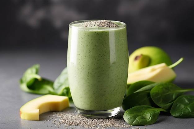 Glass of green smoothie with chia seeds avocado and spinach on grey background