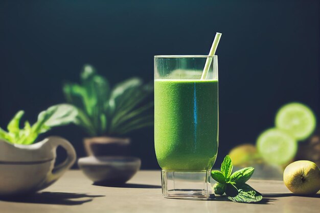 A glass of green smoothie with a straw next to it