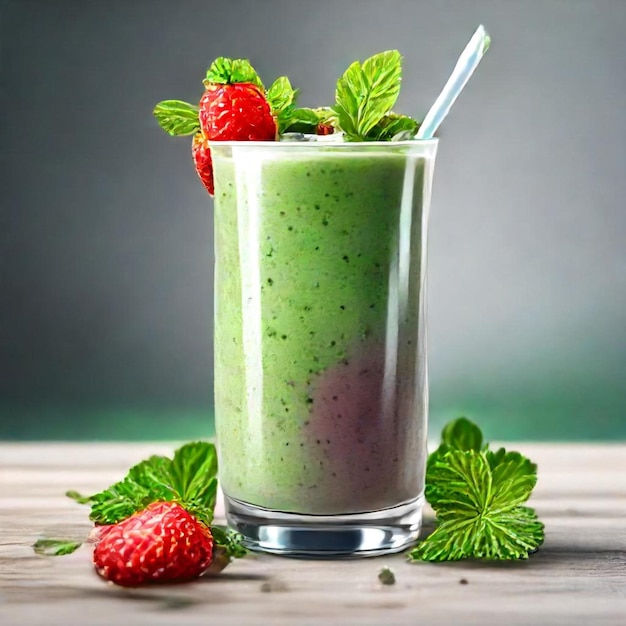 a glass of green smoothie with strawberries and strawberries