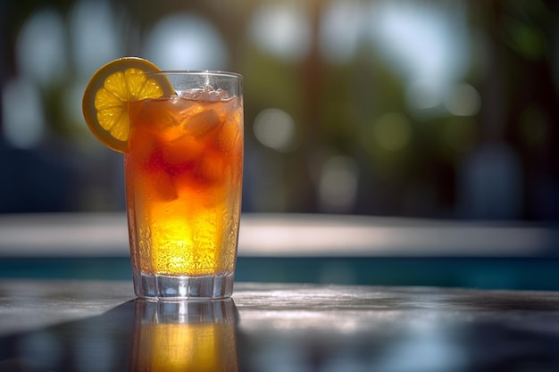 A glass of green summer refreshing lemonade drink or alcoholic cocktail with ice and citrus slices in the garden Fresh healthy cold orange beverage Water with lemon AI generated