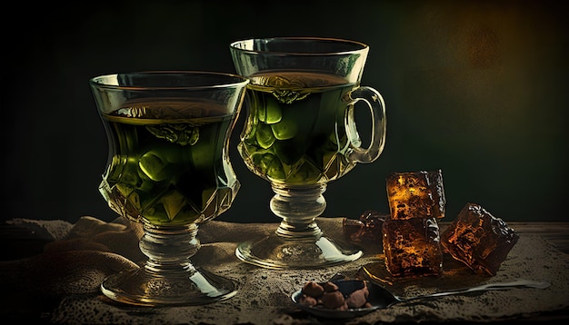 A glass of green tea with a dark background