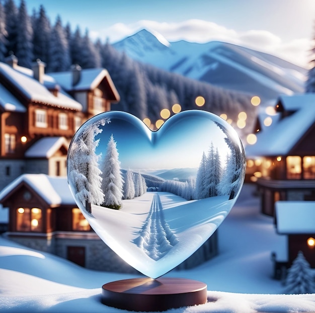 Glass heart against a background of a winter landscape