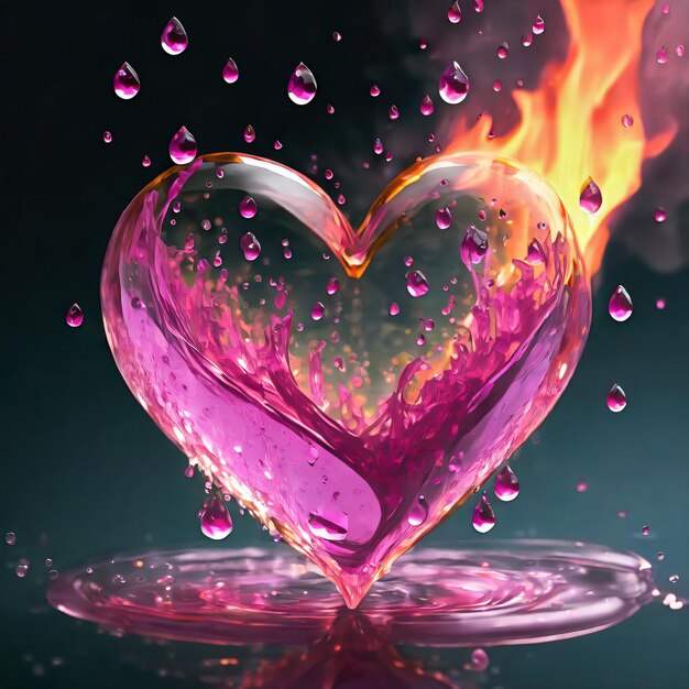 Glass heart made of pink water droplets and falling in a fire