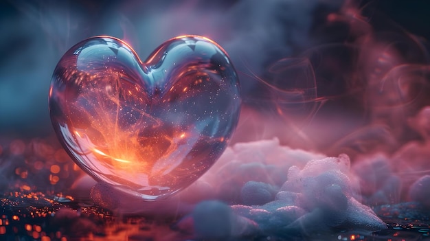 Photo glass heart with glowing nebula inside 3d illustration