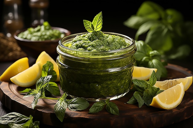 Glass of Homemade Basil Pesto Sauce