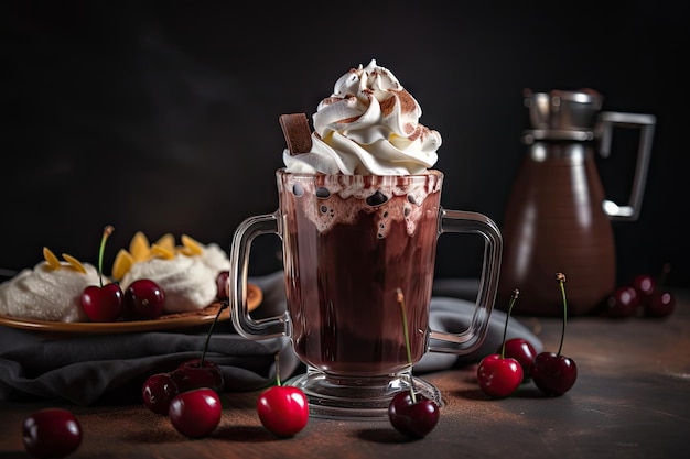 Glass of hot chocolate whipped cream and cherry on top created with generative ai