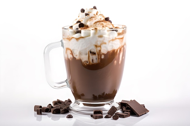 A glass of hot chocolate with whipped cream and chocolate pieces