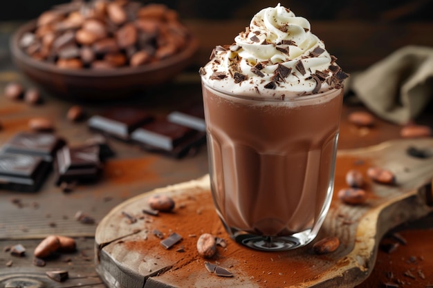 Glass of hot chocolate with whipped cream and shaved chocolate dessert concept