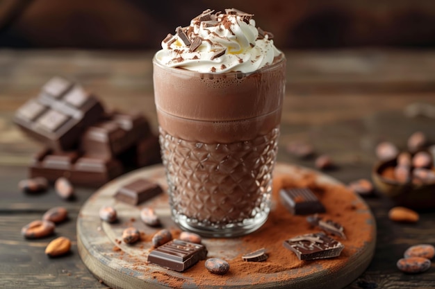 Glass of hot chocolate with whipped cream and shaved chocolate dessert concept