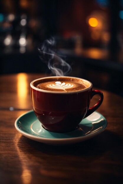 a glass of hot coffee on wooden table