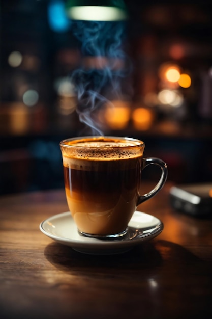 a glass of hot coffee on wooden table