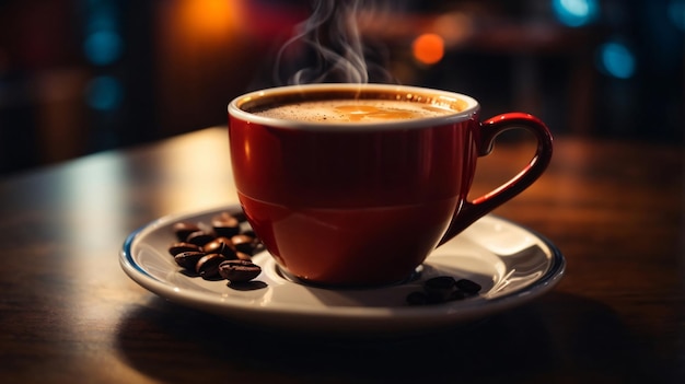 a glass of hot coffee on wooden table