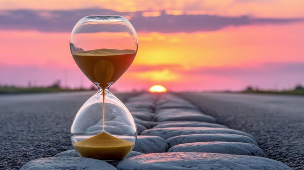 Photo a glass hourglass is on a road in front of a sunset