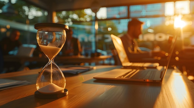 A glass hourglass sits on a table in front of a laptop