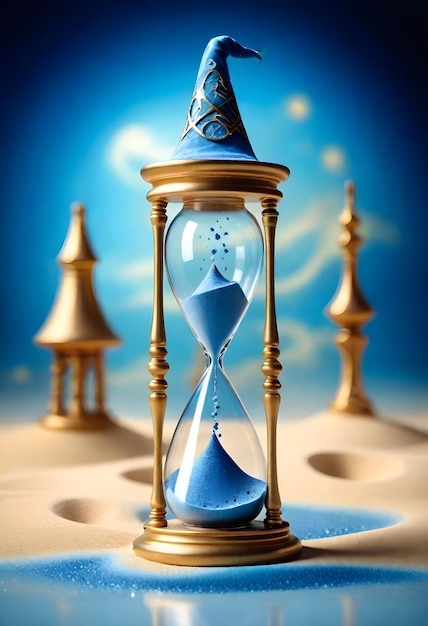 a glass hourglass with a blue hourglass in the middle