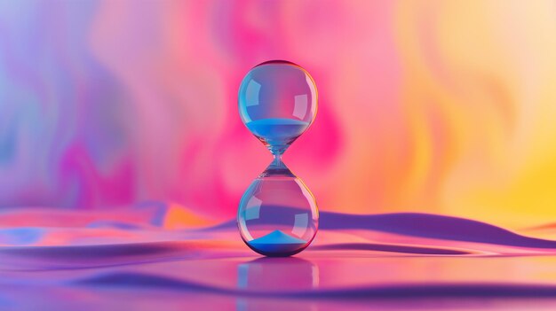 Photo glass hourglass with blue sand set against a soft pastelcolored background