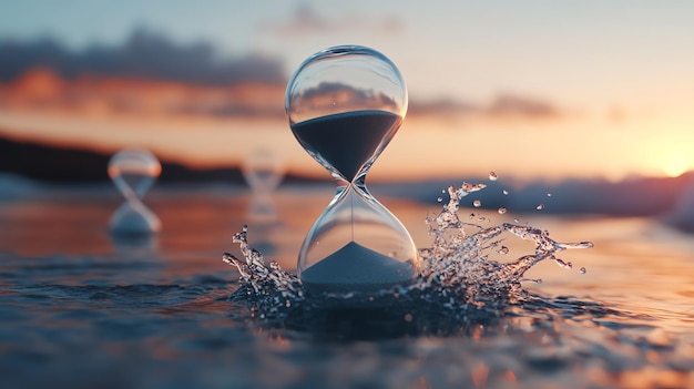 Photo a glass hourglass with sand slowly running through it sitting in the ocean at sunset