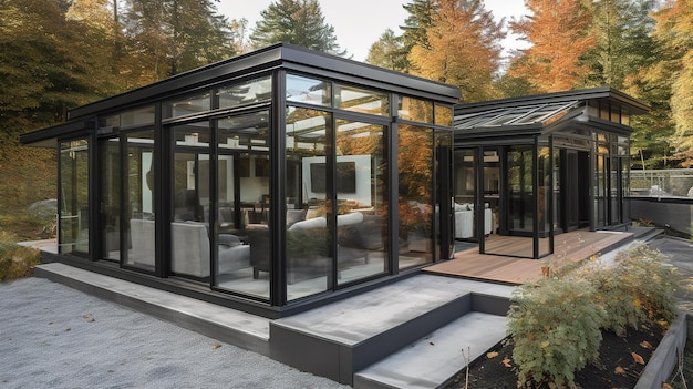 A glass house with a black roof and a white roof.