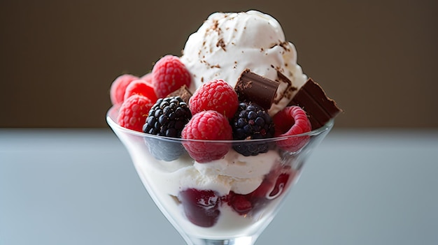 a glass of ice cream with berries and chocolate